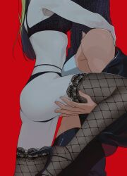 Rule 34 | 2girls, black bra, black hair, black jacket, black pantyhose, black thighhighs, blue bra, bra, colored skin, commentary, ermes costello, green hair, grey skin, hand on another&#039;s shoulder, hand on another&#039;s thigh, highres, jacket, jamimumong, jojo no kimyou na bouken, kuujou jolyne, long hair, multiple girls, off shoulder, open clothes, open jacket, pantyhose, red background, simple background, stone ocean, thighhighs, underwear, underwear only, yuri