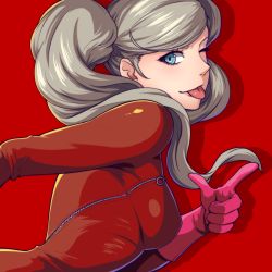 Rule 34 | 1girl, absurdres, blue eyes, blueriest, bodysuit, breasts, floating hair, from side, gloves, grey hair, highres, long hair, medium breasts, persona, persona 5, pink gloves, red background, red bodysuit, shadow, solo, swept bangs, takamaki anne, tongue, tongue out, twintails, very long hair, zipper