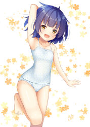 Rule 34 | 1girl, :d, ahoge, arm behind head, arm up, armpits, bare shoulders, barefoot, blue hair, blue one-piece swimsuit, blunt bangs, camisole, collarbone, commentary request, cowboy shot, fang, flat chest, floral background, flower, gochuumon wa usagi desu ka?, highres, jouga maya, leg up, looking at viewer, one-piece swimsuit, open mouth, orange eyes, orange flower, panties, polka dot, short hair, sleepwear, smile, solo, standing, standing on one leg, swimsuit, underwear, white background, win opz