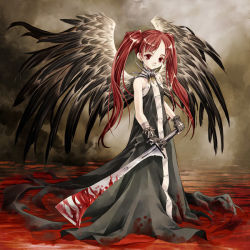 Rule 34 | 1girl, asymmetrical gloves, bandages, black dress, black gloves, black wings, blood, blood on clothes, bloody weapon, cross print, dress, expressionless, feathered wings, flat chest, full body, gloves, goth fashion, long dress, long hair, mismatched gloves, original, parted bangs, red eyes, red hair, sleeveless, sleeveless dress, solo, standing, sumi keiichi, sword, twintails, weapon, wings