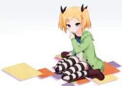 Rule 34 | 10s, 1girl, bad id, bad pixiv id, black bow, blonde hair, blue eyes, boots, bow, eating, food, hair bow, highres, looking at viewer, medium hair, okayparium, pocky, shirobako, solo, striped clothes, striped thighhighs, sweater, thighhighs, yano erika