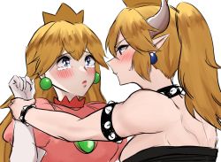 Rule 34 | 2girls, amane a (007 uiro), armlet, bad id, bad pixiv id, blonde hair, blue eyes, blush, borrowed design, bowsette, bracelet, collar, commentary request, earrings, gloves, hair between eyes, highres, holding another&#039;s wrist, horns, jewelry, long hair, looking at another, mario (series), multiple girls, new super mario bros. u deluxe, nintendo, open mouth, pointy ears, ponytail, princess peach, puffy short sleeves, puffy sleeves, short sleeves, sketch, spiked armlet, spiked bracelet, spiked collar, spikes, super crown, sweat, tearing up, upper body, white gloves, yuri