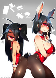 Rule 34 | 2girls, animal ears, ass, ass-to-ass, bare shoulders, black legwear, blush, bow, breasts, rabbit ears, rabbit tail, playboy bunny, cleavage, cuffs, cyclops, detached collar, fake animal ears, highres, long hair, looking at viewer, mole, mole under mouth, multiple girls, muroku (aimichiyo0526), one-eyed, original, pantyhose, ponytail, red eyes, short hair, small breasts, smile, symbol-shaped pupils, tail