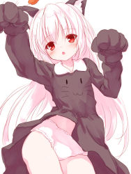 Rule 34 | 1girl, :o, animal ear fluff, animal ears, animal hands, arm up, black dress, black gloves, blush, cat ears, cattail, collared dress, dress, gloves, hair between eyes, leaning to the side, long hair, original, panties, parted lips, paw gloves, plant, print dress, red eyes, simple background, solo, underwear, very long hair, white background, white hair, white panties, yuku (kiollion)