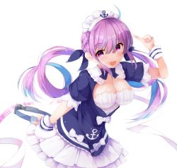Rule 34 | 1girl, :d, anchor, anchor symbol, arm up, blue dress, blue hair, blue nails, blue ribbon, blush, bow, braid, breasts, cleavage, colored inner hair, commentary request, dress, frilled dress, frills, fuuna, hair ribbon, highres, holding, hololive, long hair, looking at viewer, maid headdress, medium breasts, minato aqua, minato aqua (1st costume), multicolored hair, nail polish, open mouth, puffy short sleeves, puffy sleeves, purple eyes, purple hair, ribbon, ring-con, ring fit adventure, short sleeves, smile, solo, twintails, two-tone hair, very long hair, virtual youtuber, white background, white bow, wrist cuffs