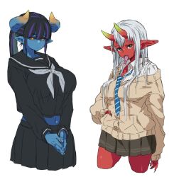 Rule 34 | 2girls, blue skin, colored skin, demon girl, forked tongue, highres, horns, m k, midriff, multiple girls, original, pointy ears, red skin, tongue, tongue out