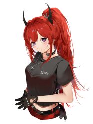 Rule 34 | 1girl, absurdres, arknights, belt, black belt, black choker, black gloves, black shirt, choker, commentary, crop top, cross, cross necklace, gloves, hair intakes, highres, horns, jewelry, long hair, looking at viewer, midriff, necklace, own hands together, ponytail, purple eyes, red hair, red skirt, shirt, short sleeves, simple background, skirt, solo, surtr (arknights), surtr (liberte echec) (arknights), upper body, very long hair, white background, yonjuri