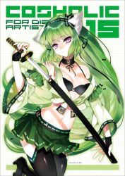 Rule 34 | 1girl, animal ears, artist name, black footwear, black thighhighs, boots, breasts, cleavage, cover, creayus, dated, detached sleeves, eyeliner, fake animal ears, fingerless gloves, gloves, green hair, green skirt, highres, holding, holding sword, holding weapon, katana, long hair, magazine cover, makeup, midriff, multiple girls, navel, original, parted lips, pleated skirt, purple eyes, sheath, simple background, skirt, solo, sunrise (company), sword, thigh boots, thighhighs, weapon