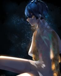 Rule 34 | 1other, androgynous, blue eyes, blue hair, blunt bangs, colored eyelashes, crying, crying with eyes open, crystal hair, golden arms, hair between eyes, highres, houseki no kuni, necktie, phosphophyllite, phosphophyllite (ll), profile, see-through, see-through sleeves, short hair, sitting, solo, spoilers, tears