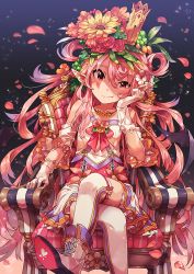 Rule 34 | 1girl, boots, chair, collarbone, crown, flower, gloves, hair flower, hair ornament, head on hand, highres, jewelry, long hair, looking at viewer, narumi arata, necklace, original, pink eyes, pink hair, pointy ears, recri (narumi arata), sitting, smile, solo, thighhighs, white gloves, white thighhighs