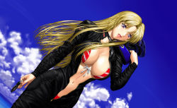 Rule 34 | 1girl, biker clothes, bikesuit, bikini, blonde hair, bodysuit, breasts, choker, cleavage, cloud, dutch angle, female focus, front-tie top, helmet, charm (object), large breasts, long hair, navel, open clothes, open mouth, outdoors, purple eyes, sky, smile, solo, swimsuit, swimsuit under clothes, unzipped, water, yumenosuke