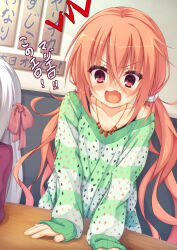 Rule 34 | 2girls, ^^^, angry, arm support, ayachi nene, blush, breasts, check translation, collarbone, commentary, dutch angle, eyelashes, fang, fingernails, green sweater, hair between eyes, hand on table, inaba meguru, indoors, jewelry, leaning forward, long hair, looking at viewer, low twintails, momoirocharinko, multicolored hair, multiple girls, necklace, open mouth, orange hair, red eyes, sanoba witch, sidelocks, sleeves past wrists, small breasts, standing, streaked hair, sweater, translated, translation request, twintails, v-shaped eyebrows, very long hair, wavy hair, wavy mouth, white hair, wide-eyed, yuzu-soft