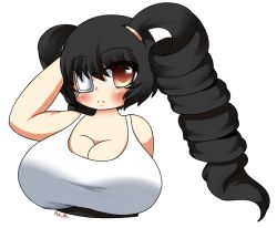 Rule 34 | 1girl, arm behind head, arm up, black hair, blush, breasts, brown eyes, cleavage, drill hair, eyepatch, huge breasts, long hair, looking at viewer, pokumii, shirt, standing, tank top, transparent background, twin drills, upper body, white shirt
