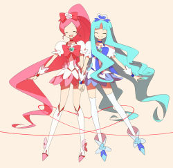 Rule 34 | 10s, 2girls, ^ ^, artist request, blue hair, blue skirt, boots, bow, brooch, closed eyes, cure blossom, cure marine, hair bow, hair ornament, hanasaki tsubomi, heart, heart brooch, heart of string, heartcatch precure!, holding hands, jewelry, knee boots, kurumi erika, legs, long hair, magical girl, multiple girls, open mouth, pink bow, pink hair, ponytail, precure, skirt, string, string of fate, thighhighs, very long hair, white thighhighs, wrist cuffs, yui (kanatamoo)