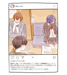 Rule 34 | 1girl, 2boys, bad id, bad pixiv id, black hair, bow, bowtie, brown jacket, brown skirt, closed eyes, commentary request, couch, covering own mouth, fake screenshot, glasses, hands up, instagram, jacket, kaneki ken, kirishima touka, multiple boys, nishio nishiki, orange hair, paper, pleated skirt, purple hair, red bow, red bowtie, short hair, sitting, skirt, table, tokyo ghoul, toukaairab, translation request, watch, white background, wristwatch