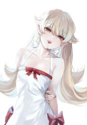 Rule 34 | 1girl, absurdres, arm behind back, bad id, bad twitter id, blonde hair, blood, blood from mouth, blurry, bow, breasts, collarbone, commentary, depth of field, dress, fangs, flipped hair, hair flaps, hand on own arm, highres, long hair, looking at viewer, monogatari (series), nail polish, open mouth, oshino shinobu, pink nails, pointy ears, red bow, sidelocks, simple background, sleeveless, sleeveless dress, small breasts, solo, sundress, teeth, tsurime, upper teeth only, vampire, white background, white bow, white dress, yellow eyes, zerocat