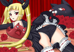 Rule 34 | 1girl, arc system works, ass, black panties, blazblue, blonde hair, flower, gii, long hair, lying, nago, on stomach, panties, rachel alucard, red eyes, red rose, ribbon, rose, seraphina, solo, thighhighs, twintails, underwear