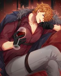 Rule 34 | 1boy, alcohol, artist name, blue eyes, brown hair, chest belt, coat, collared shirt, couch, crossed legs, cup, drinking glass, genshin impact, gloves, hand on own face, highres, leather, leather belt, looking at viewer, male focus, mature male, nalamicha, one eye covered, open clothes, open coat, pants, shirt, short hair, sitting, smirk, solo, spiked hair, tartaglia (genshin impact), tongue, tongue out, twitter username, wine, wine glass