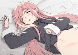 Rule 34 | 1girl, bottomless, dated, closed eyes, female focus, groin, kotonoha akane, long hair, lying, navel, on back, on bed, open mouth, out-of-frame censoring, pink hair, rkrk, signature, sleeping, sleeves past wrists, solo, voiceroid