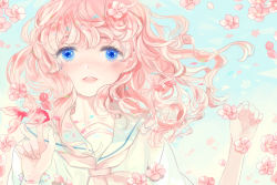 Rule 34 | 1girl, absurdres, blue eyes, blush, cherry blossoms, fish, flower, freckles, goldfish, highres, looking at viewer, mig (36th underground), open mouth, original, petals, pink hair, school uniform, short hair, smile, solo, sparkling eyes, wavy hair