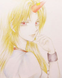 Rule 34 | 1girl, blonde hair, chain, colored pencil (medium), cuffs, eyelashes, female focus, hand on own face, hazuki iku, horns, hoshiguma yuugi, light smile, lips, long hair, looking at viewer, looking back, marker (medium), nose, pink background, red eyes, shackles, shikishi, short sleeves, simple background, single horn, solo, star (symbol), touhou, traditional media, upper body