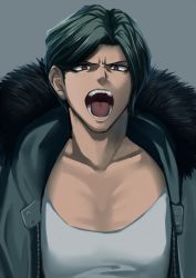 Rule 34 | 1boy, coat, collarbone, commentary request, danganronpa (series), danganronpa 3 (anime), fur-trimmed coat, fur trim, green coat, green hair, grey background, grey shirt, looking at viewer, male focus, munakata kyousuke, open clothes, open coat, open mouth, parted bangs, pectoral cleavage, pectorals, shirt, short hair, simple background, sketti, solo, teeth, upper body