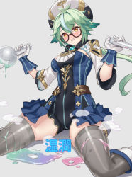 Rule 34 | 1girl, anemo (genshin impact), animal ears, antenna hair, beret, blue dress, blush, boots, breasts, broken glass, cat ears, clenched teeth, commentary request, covered navel, cuboon, dress, gameplay mechanics, genshin impact, glass, glasses, gloves, gold trim, green hair, grey background, grey thighhighs, hair between eyes, hat, holding, holding test tube, knee boots, liquid, low ponytail, medium breasts, multicolored hair, nose blush, orange eyes, ponytail, semi-rimless eyewear, sexually suggestive, shrug (clothing), sidelocks, sitting, skindentation, solo, steam, sucrose (genshin impact), suggestive fluid, teeth, test tube, thighhighs, translated, vial, vision (genshin impact), wariza, white footwear, white gloves, white hat, zettai ryouiki