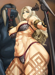 Rule 34 | 1girl, abs, amazon (dragon&#039;s crown), armlet, armor, axe, bikini, bikini armor, blonde hair, breasts, circlet, dragon&#039;s crown, feathers, female focus, groin, halberd, highres, large breasts, muscular, muscular female, polearm, solo, swimsuit, tattoo, thick thighs, thighs, tiger, uppercut, usatarou, weapon
