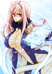 Rule 34 | 1girl, aoi remi, aqua background, bad id, bad pixiv id, bare hips, belt, belt skirt, bodysuit, book, breasts, center opening, covered erect nipples, glasses, gloves, hairband, large breasts, leaning forward, legs apart, long hair, magic, magic circle, no panties, pink hair, presa (tales), skin tight, solo, spread legs, tail, tales of (series), tales of xillia, thighs, yellow eyes