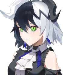 Rule 34 | 1girl, absurdres, ahoge, alchemy stars, bare shoulders, black hair, black shirt, breasts, closed mouth, clothing cutout, commentary request, earrings, glow (user hnpv7785), green eyes, hair between eyes, highres, horns, ascot, jewelry, korean commentary, looking at viewer, multicolored hair, sharona (alchemy stars), sharona (hour of reckoning) (alchemy stars), shirt, short hair, shoulder cutout, simple background, slit pupils, small breasts, smile, solo, turtleneck, two-tone hair, upper body, white background, white hair