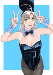 Rule 34 | 1girl, alternate costume, animal ears, antenna hair, bare shoulders, black bow, black bowtie, black leotard, black pantyhose, bow, bowtie, breasts, cleavage, commentary request, detached collar, fake animal ears, feet out of frame, green eyes, grey hair, highres, kantai collection, kinugasa (kancolle), leotard, looking at viewer, medium breasts, ojipon, pantyhose, playboy bunny, rabbit ears, side-tie leotard, simple background, solo, strapless, strapless leotard, wavy hair, white background, wrist cuffs