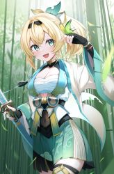 Rule 34 | 1girl, :d, absurdres, bamboo, bamboo forest, blonde hair, breasts, bug, butterfly, butterfly on hand, chest sarashi, cleavage, covered navel, cowboy shot, forest, green eyes, green skirt, hair ornament, haori, highres, holding, holding sword, holding weapon, hololive, insect, japanese clothes, katana, kazama iroha, kimono, long hair, looking at another, medium breasts, narizu ishi, nature, open mouth, outdoors, pleated skirt, ponytail, sarashi, sheath, sheathed, skirt, smile, sword, thighhighs, virtual youtuber, weapon, white kimono, wide sleeves