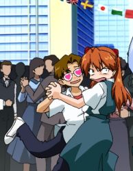 Rule 34 | 1boy, 1girl, aida kensuke, angry, blush, brown hair, couple, dancing, freckles, girlfriend of steel, glasses, happy, height difference, holding hands, leg up, long hair, looking over shoulder, lowres, neon genesis evangelion, open mouth, red hair, school uniform, smile, souryuu asuka langley, tomboy, twintails