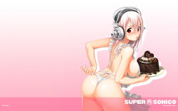 Rule 34 | 1girl, adjusting clothes, adjusting panties, apron, ass, blush, breasts, cake, chocolate, chocolate cake, food, frills, from behind, headphones, heart, highres, huge ass, huge breasts, large breasts, looking back, nearly naked apron, nitroplus, official art, official wallpaper, open mouth, panties, pastry, pink hair, red eyes, sideboob, solo, super sonico, thong, tsuji santa, underwear, valentine, wallpaper, white panties
