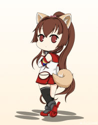 Rule 34 | 1girl, animal ears, beige background, black thighhighs, brown eyes, brown hair, cherry blossoms, commentary, detached sleeves, dog ears, dog tail, full body, highres, hip vent, kantai collection, kemonomimi mode, long hair, one-hour drawing challenge, ponytail, rudder footwear, simple background, single thighhigh, solo, standing, tail, thighhighs, yakuto007, yamato (kancolle), z flag