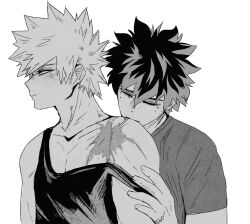 2boys bakugou_katsuki bare_shoulders blush boku_no_hero_academia closed_eyes closed_mouth collarbone commentary couple english_commentary fishseven freckles greyscale hair_between_eyes hand_on_another&#039;s_arm kiss kissing_shoulder looking_ahead male_focus midoriya_izuku monochrome multiple_boys scar scar_on_shoulder simple_background small_sweatdrop spiked_hair sweat tank_top upper_body white_background yaoi