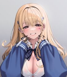 Rule 34 | 1girl, 2v (joyeong), blonde hair, blue bow, blue bowtie, blue cardigan, blush, bow, bowtie, breasts, button gap, cardigan, claw ring, cleavage, collared shirt, goddess of victory: nikke, grey background, hair intakes, hair ornament, half-closed eyes, highres, huge breasts, jewelry, lips, long hair, looking at viewer, mole, mole under eye, multiple rings, parted lips, puffy sleeves, red eyes, ring, shirt, sleeves past wrists, smile, solo, tia (nikke), white shirt