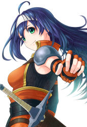 Rule 34 | 1girl, ahoge, bare shoulders, blue hair, commentary request, detached sleeves, fingerless gloves, fire emblem, fire emblem: path of radiance, fire emblem heroes, foreshortening, gloves, green eyes, headband, long hair, looking at viewer, mia (fire emblem), nintendo, outstretched arm, sheath, sheathed, shoulder pads, smile, solo, soyo2106, sword, upper body, weapon, white background