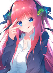 Rule 34 | 1girl, black ribbon, blue cardigan, blue nails, breasts, cardigan, collarbone, collared shirt, commentary request, dress shirt, fingernails, go-toubun no hanayome, hair ribbon, hand up, highres, long hair, long sleeves, medium breasts, multicolored nails, nail polish, nakano nino, open cardigan, open clothes, purple nails, red hair, ribbon, shirt, simple background, sleeves past wrists, solo, suisen-21, two side up, upper body, v over eye, very long hair, white background, white shirt