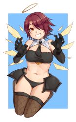 Rule 34 | 1girl, ajidot, alternate costume, arknights, bandeau, bare shoulders, black gloves, black panties, breasts, commentary request, elbow gloves, exusiai (arknights), fishnet thighhighs, fishnets, gloves, grin, hair over one eye, halo, hands up, head tilt, highres, looking at viewer, midriff, navel, orange eyes, panties, red hair, short hair, small breasts, smile, solo, stomach, thighhighs, thighs, underwear