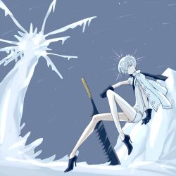 Rule 34 | 1other, androgynous, antarcticite, blue footwear, blue gloves, cojima, commentary request, full body, gloves, high heels, holding, holding sword, holding weapon, houseki no kuni, long sleeves, looking at viewer, outdoors, pale skin, short hair, grey eyes, silver hair, sitting, sword, weapon