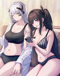 Rule 34 | 2girls, 3 small spiders, absurdres, architect (girls&#039; frontline), barcode, barcode tattoo, black bra, black hair, black panties, bra, breasts, cellphone, cleavage, collarbone, collared shirt, commentary request, gager (girls&#039; frontline), girls&#039; frontline, glance, green eyes, highres, holding, holding phone, indoors, large breasts, linea alba, locked arms, long hair, long sleeves, multiple girls, navel, one eye closed, open clothes, open mouth, open shirt, panties, phone, pink eyes, sangvis ferri, shirt, side ponytail, sitting, smartphone, sports bra, striped bra, striped clothes, striped panties, tattoo, underwear, white hair, white shirt