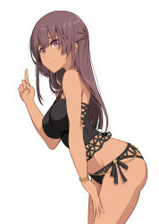 Rule 34 | 1girl, alice gear aegis, bikini, black bikini, bracelet, chain, commentary request, cowboy shot, dark-skinned female, dark skin, fatima betrorum, female focus, gold chain, jewelry, long hair, looking at viewer, pinakes, pointing, pointing up, purple hair, simple background, smile, solo, swimsuit, white background