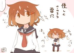 Rule 34 | 10s, 1girl, anchor symbol, black skirt, black thighhighs, blush, blush stickers, brown hair, closed mouth, cursor, closed eyes, hair ornament, hairclip, hanomido, ikazuchi (kancolle), kantai collection, long sleeves, neckerchief, pleated skirt, red neckerchief, school uniform, serafuku, short hair, skirt, solo, thighhighs, translation request