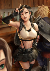 Rule 34 | 1boy, 2girls, absurdres, aerith gainsborough, bar (place), bare shoulders, black hair, blonde hair, breasts, brown hair, cloud strife, final fantasy, final fantasy vii, final fantasy vii remake, green eyes, highres, large breasts, long hair, medium breasts, midriff, moi&#039;dukdum, multiple girls, navel, open mouth, red eyes, seventh heaven, short hair, skirt, smile, standing, suspenders, sword, tank top, thighhighs, tifa lockhart, v, weapon