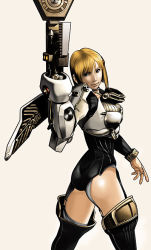 Rule 34 | arm cannon, armor, ass, blonde hair, blue eyes, boots, choker, garter belt, gunvalkyrie, hair ornament, hairclip, kelly o&#039;lenmey, looking back, mole, official art, plugsuit, sega, short hair, simple background, thigh boots, thighhighs, weapon