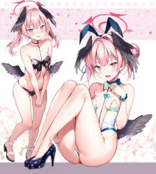 Rule 34 | 1girl, ass, bare arms, bare legs, bare shoulders, bikini, black bikini, black footwear, black wings, blue archive, blush, chiyingzai, floral print, halo, head wings, high heels, highres, koharu (blue archive), koharu (swimsuit) (blue archive), long hair, looking at viewer, low twintails, multiple views, official alternate costume, open mouth, pink eyes, pink hair, pink halo, print bikini, sandals, swimsuit, twintails, wings