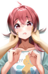 Rule 34 | 1girl, absurdres, ahoge, animal print, bear print, blush, commentary request, hands on another&#039;s cheeks, hands on another&#039;s face, highres, idolmaster, idolmaster shiny colors, komiya kaho, long hair, long sleeves, looking at viewer, pov, pov hands, print shirt, red eyes, red hair, shirt, solo focus, tera2001, upper body, white background
