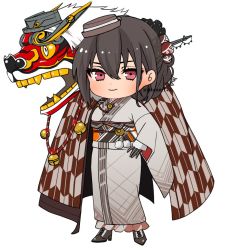 Rule 34 | 1girl, black gloves, black hair, boots, commentary request, dragon, garrison cap, gloves, hand on own hip, haregi, hat, headgear, japanese clothes, kantai collection, kimono, long hair, looking at viewer, machi (ritovoyage), nagato (kancolle), official alternate costume, official alternate hairstyle, red eyes, simple background, smile, solo, standing, twitter username, white background, yagasuri
