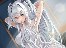 Rule 34 | 1girl, absurdly long hair, armpits, arms behind head, azur lane, babydoll, blue eyes, elbing (azur lane), elbing (sleepless night&#039;s wishes) (azur lane), hair ribbon, hands in hair, heterochromia, highres, long hair, mouth hold, nightgown, official alternate costume, red hair, ribbon, two side up, upper body, very long hair, white babydoll, white hair, white nightgown, xstetra (esxty)